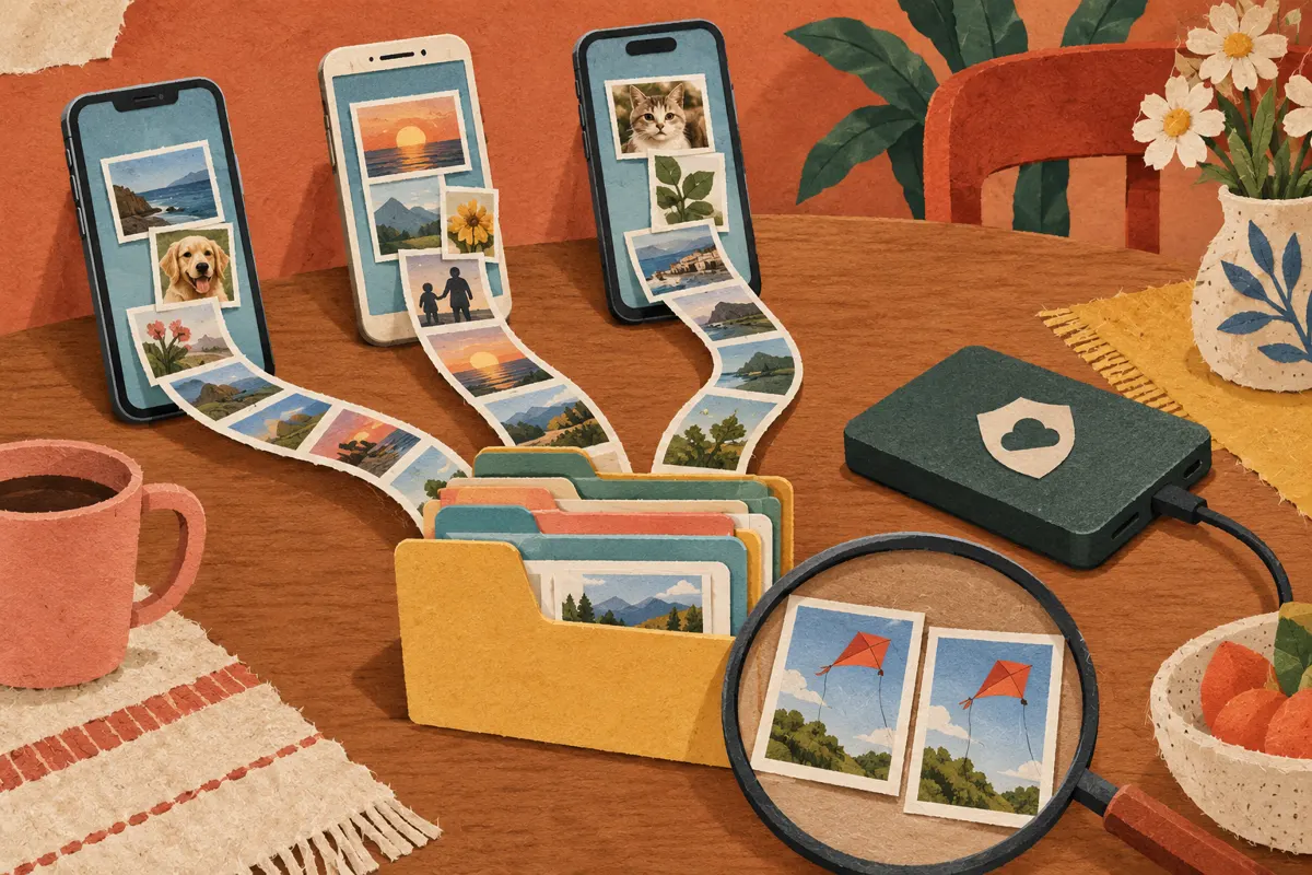 Ilustracja porządkowania zdjęć z trzech telefonów w jedno archiwum i porównywania powtarzających się kadrów.
